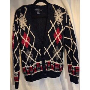 Vintage Braun Style Argyle Knit Cardigan Sweater Navy Red Gray Size L